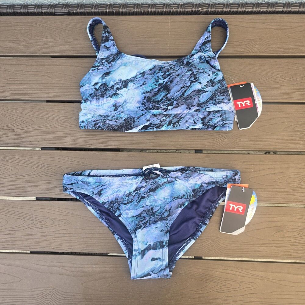 TYR Womens Durafast Shale Blue Jojo Top & Lulu Bikini Bottom Sz S NEW